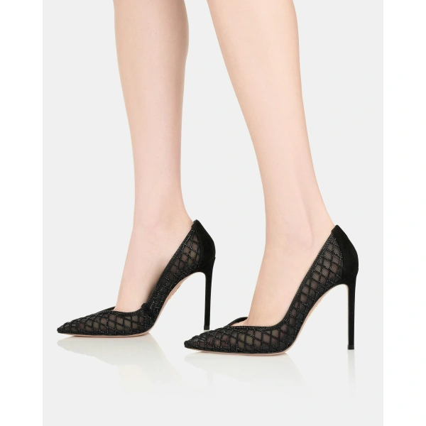 Aquazzura Lumiere Crystal Mesh Pump 105 in Black, view 5 | Pumps