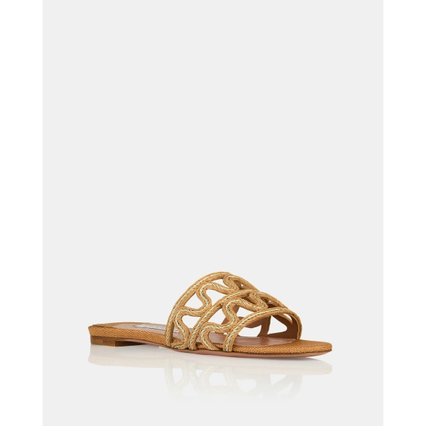 Aquazzura Manaus Slide Flat in Cognac and Platinum, view 2 | Flip Flops & Slides