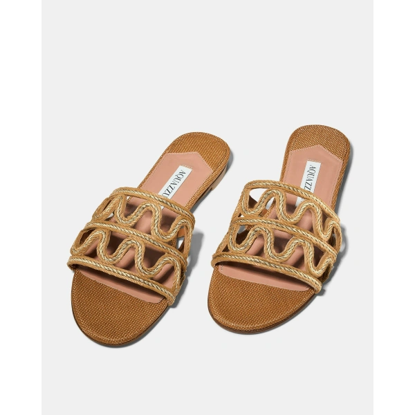 Aquazzura Manaus Slide Flat in Cognac and Platinum, view 3 | Flip Flops & Slides