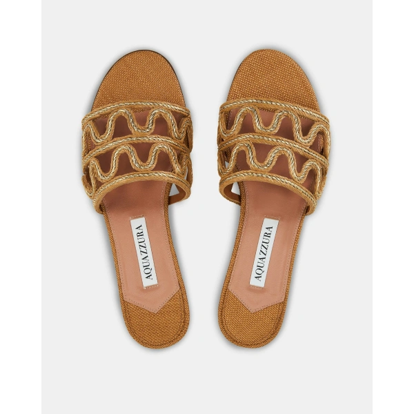 Aquazzura Manaus Slide Flat in Cognac and Platinum, view 4 | Flip Flops & Slides