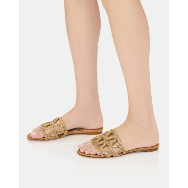 Aquazzura Manaus Slide Flat in Cognac and Platinum, view 5 | Flip Flops & Slides