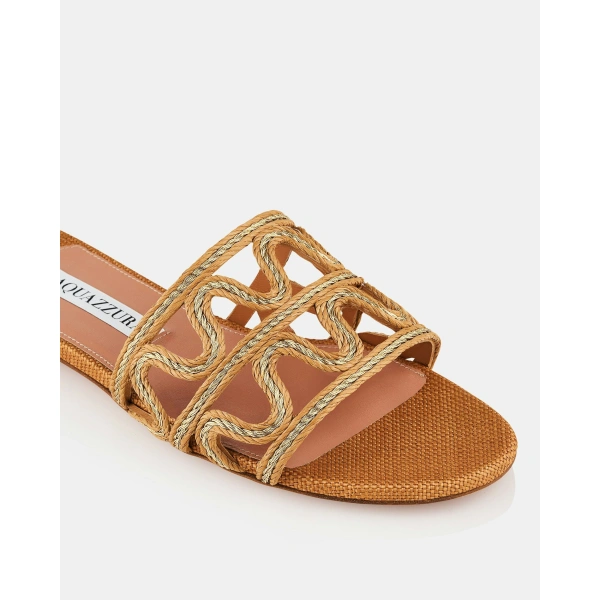 Aquazzura Manaus Slide Flat in Cognac and Platinum, view 6 | Flip Flops & Slides