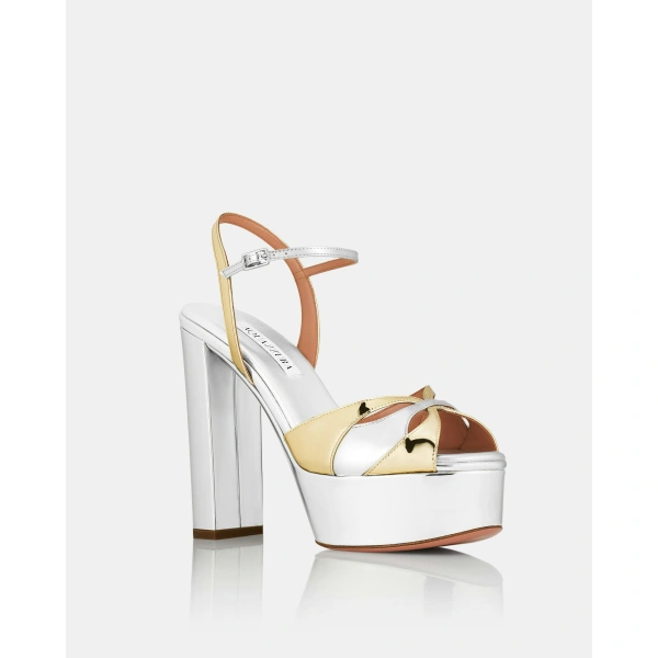 Aquazzura Moves Sandal Plateau 120 in Silver and Soft Gold, view 2 | Platform Heels