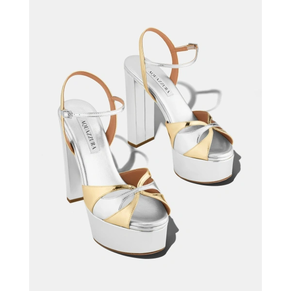 Aquazzura Moves Sandal Plateau 120 in Silver and Soft Gold, view 3 | Platform Heels