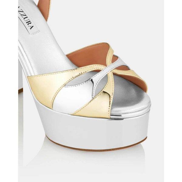 Aquazzura Moves Sandal Plateau 120 in Silver and Soft Gold, view 5 | Platform Heels