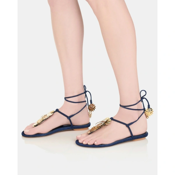 Aquazzura Night Stars Sandal Flat in Mezzanotte Navy, view 4 | Sandals