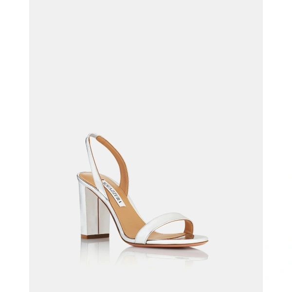Aquazzura So Nude Block Sandal 85 in Silver, view 2 | Sandals