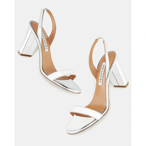 Aquazzura So Nude Block Sandal 85 in Silver, view 3 | Sandals