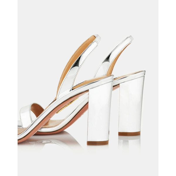 Aquazzura So Nude Block Sandal 85 in Silver, view 4 | Sandals