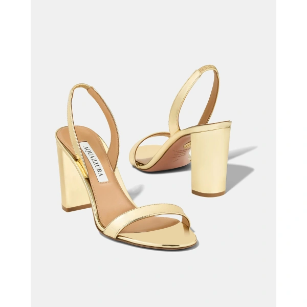 Aquazzura So Nude Block Sandal 85 in Soft Gold, view 3 | Sandals