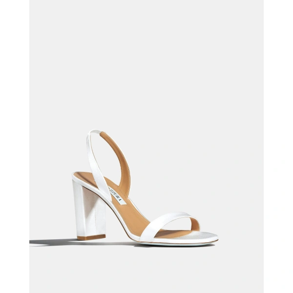 Aquazzura So Nude Block Sandal 85 in White Satin, view 2 | Sandals