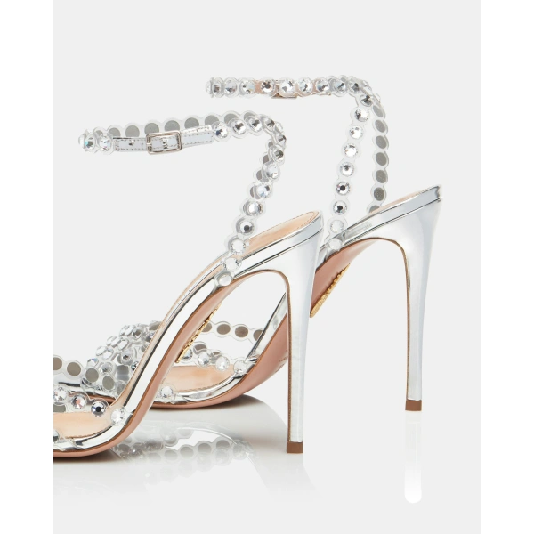 Aquazzura Tequila Plexi Sandal 105 in Silver, view 4 | Sandals
