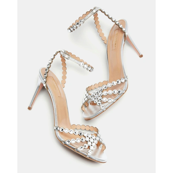 Aquazzura Tequila Sandal 85 in Silver, view 3 | Sandals
