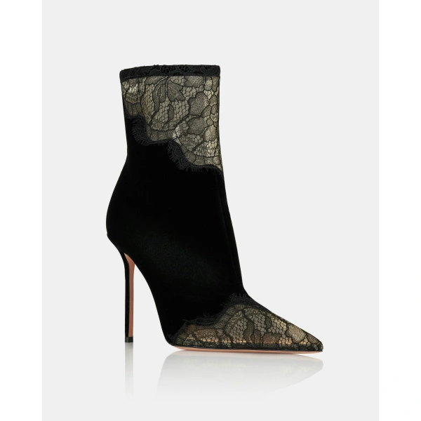Aquazzura Velvet Meadow Bootie 105 in Black, view 2 | Ankle Boots