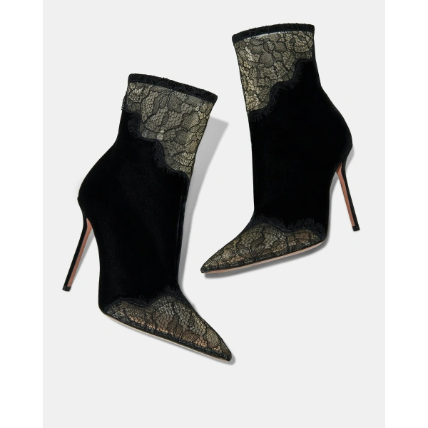Aquazzura Velvet Meadow Bootie 105 in Black, view 3 | Ankle Boots