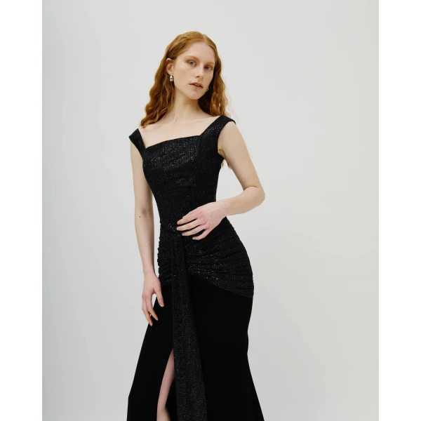 Avaro Figlio Arabella Black Crystal Ruched Mermaid Gown, view 3