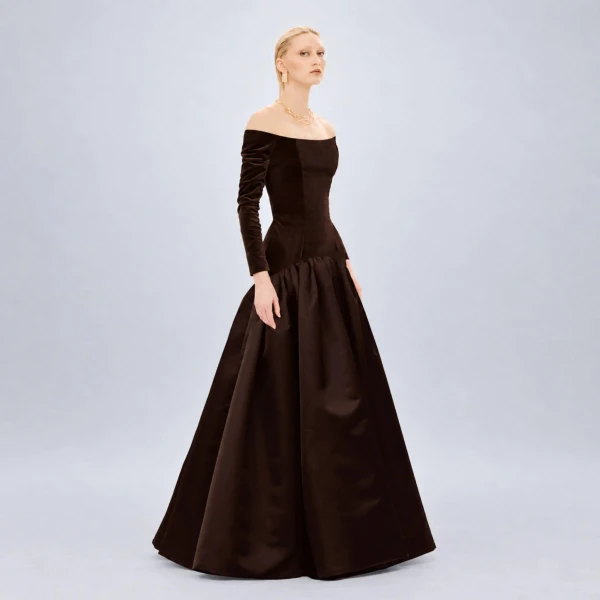 Avaro Figlio Brown Velvet Off-Shoulder Corseted Gown, view 2