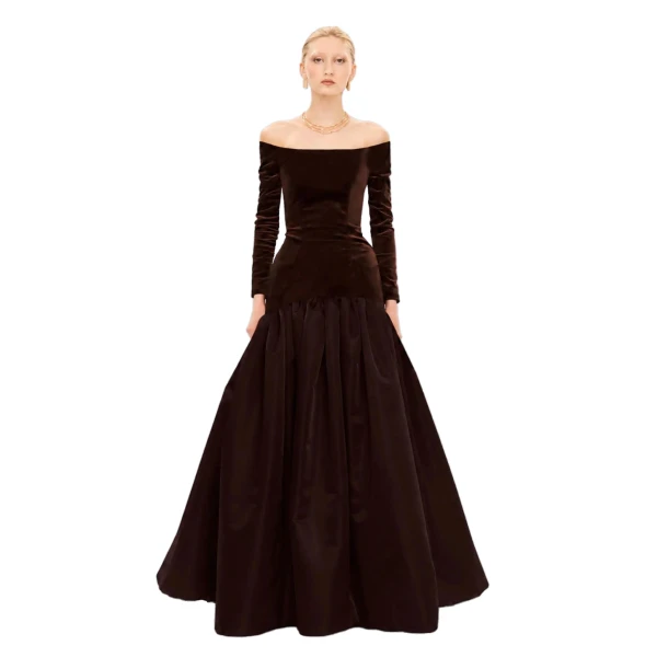 Avaro Figlio Brown Velvet Off-Shoulder Corseted Gown