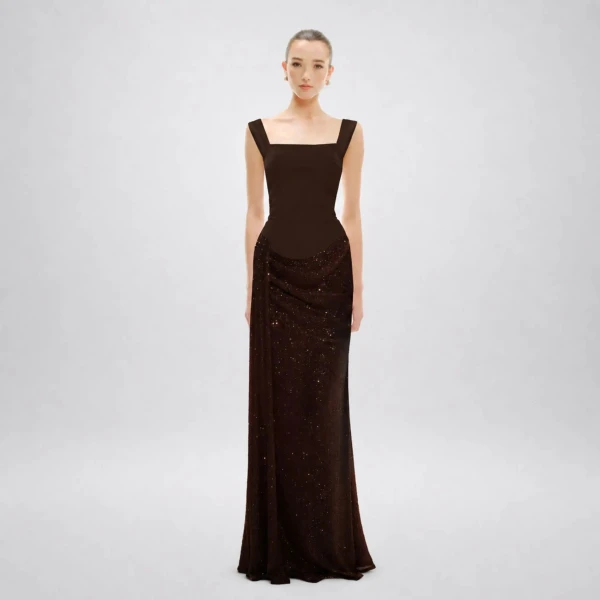Avaro Figlio Celestial Brown Crystal Boat Neck Maxi Dress, view 2