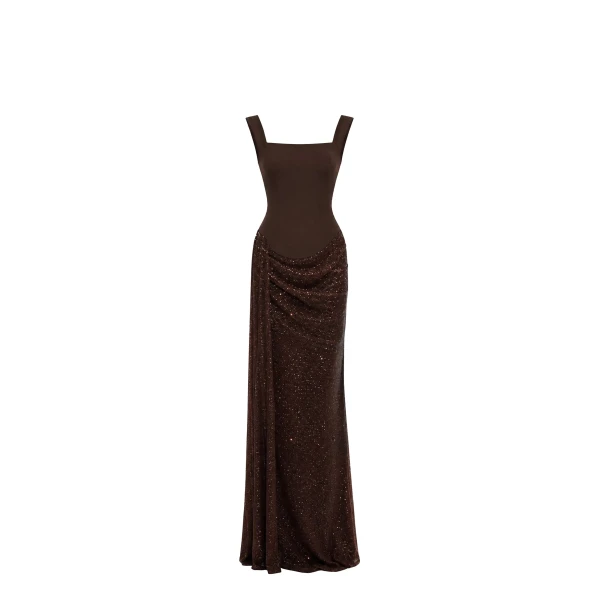 Celestial Brown Crystal Boat Neck Maxi Dress