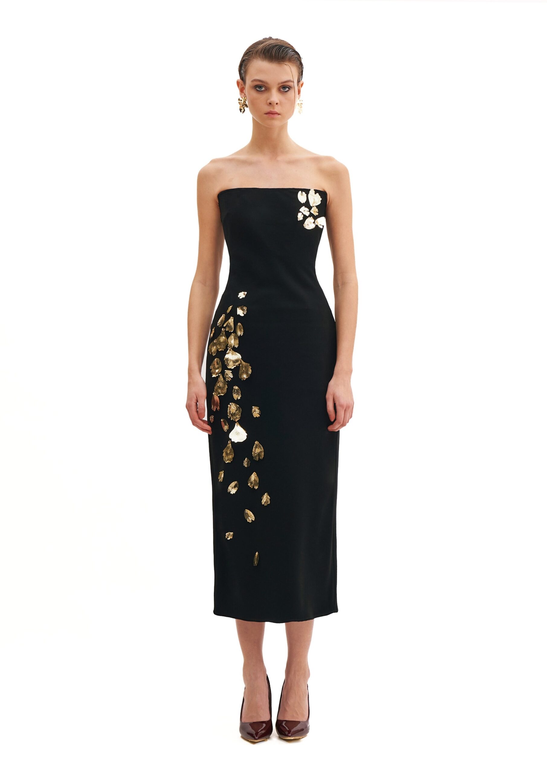 Avaro Figlio Corseted Tube Dress With Foglia d'Oro in Black