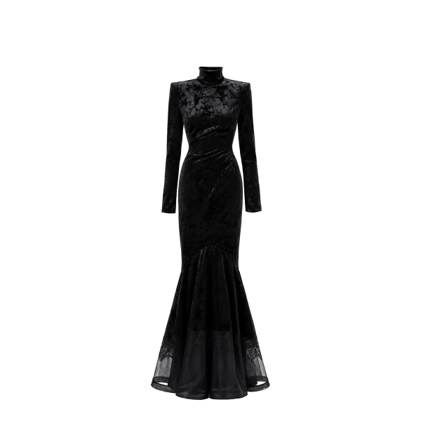 Dominion High-Neck Velvet Lace Mermaid Gown