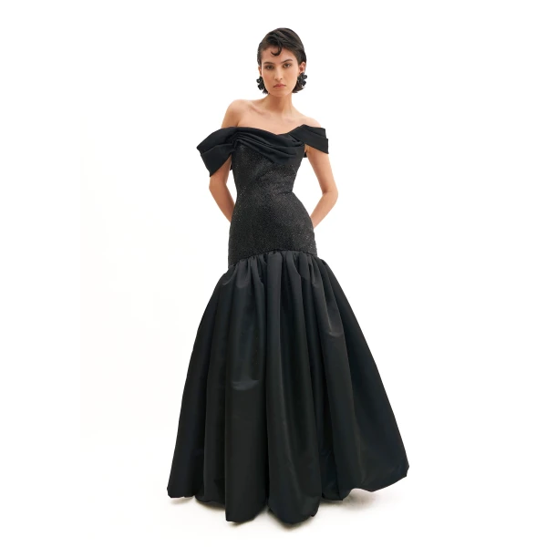 Avaro Figlio Draped Shoulders Crystal Gown With Hourglass Flare Skirt