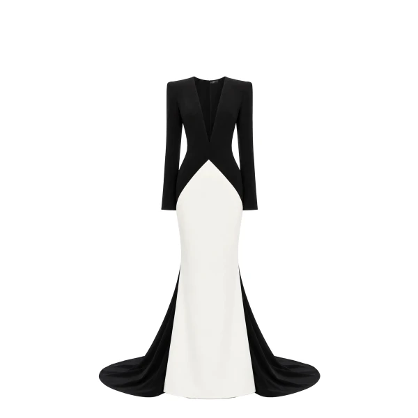 Eclipse Black & White Cady V-Neck Gown with Train