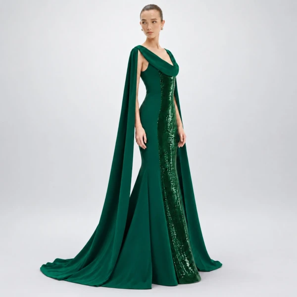 Avaro Figlio Forest Green Sequin Corseted Mermaid Dress with Cascade Sleeves, view 2