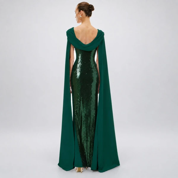 Avaro Figlio Forest Green Sequin Corseted Mermaid Dress with Cascade Sleeves, view 3