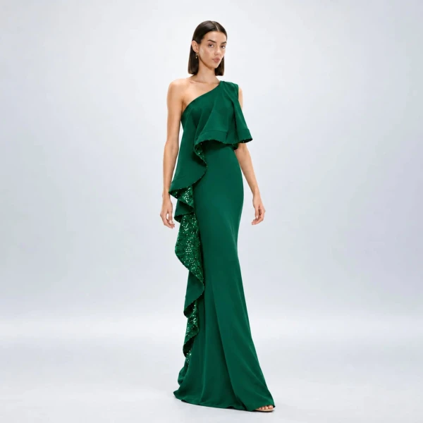 Avaro Figlio Forest Green Sequin One-Shoulder Maxi Dress with Ruffle, view 2