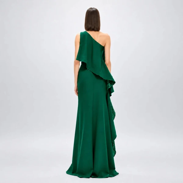 Avaro Figlio Forest Green Sequin One-Shoulder Maxi Dress with Ruffle, view 3