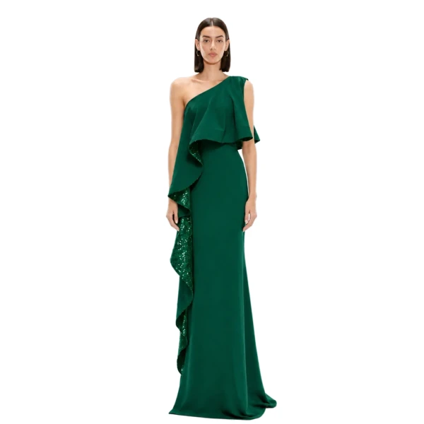 Avaro Figlio Forest Green Sequin One-Shoulder Maxi Dress with Ruffle