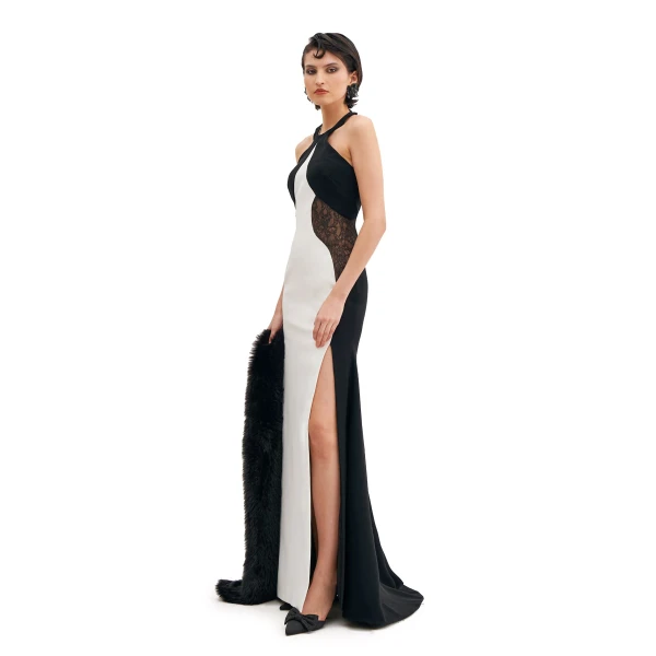 Avaro Figlio Halter Neck Criss-Cross Maxi Dress With Lace Inserts, view 2