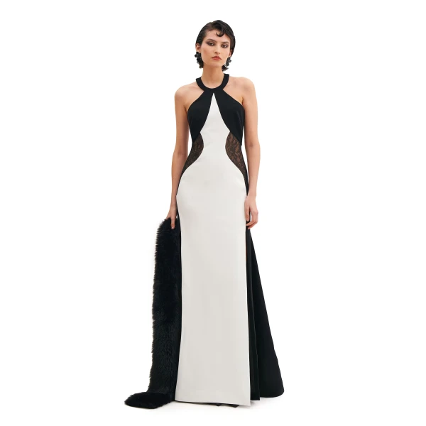 Halter Neck Criss-Cross Maxi Dress With Lace Inserts