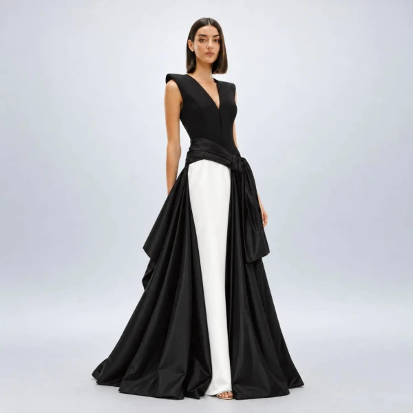 Avaro Figlio Midnight Bow Black & White Mikado Gown, view 3