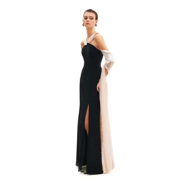 Avaro Figlio Midnight Maxi Dress With Contrast Scarf Detail, view 2