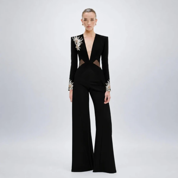 Avaro Figlio Nocturne Black Cady Embroidered Jumpsuit, view 2