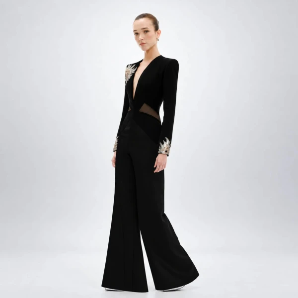 Avaro Figlio Nocturne Black Cady Embroidered Jumpsuit, view 3