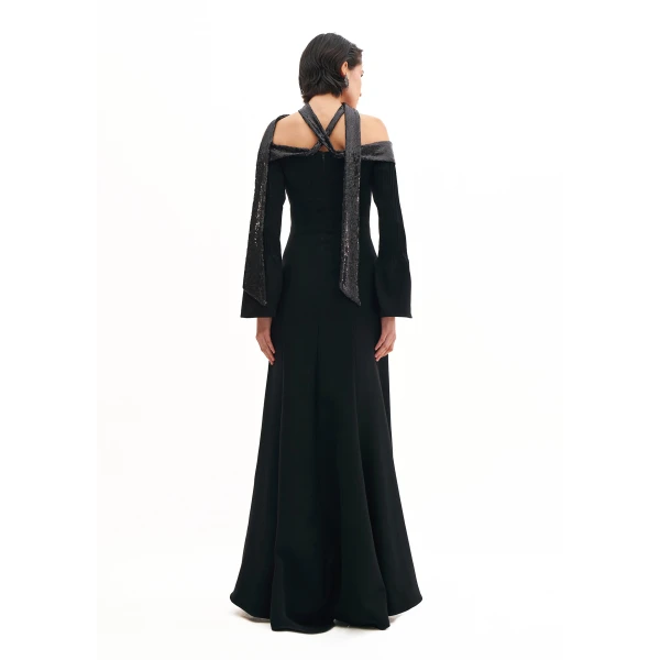 Avaro Figlio Off-Shoulder Maxi Dress With Sequins And Long Sleeves, view 3