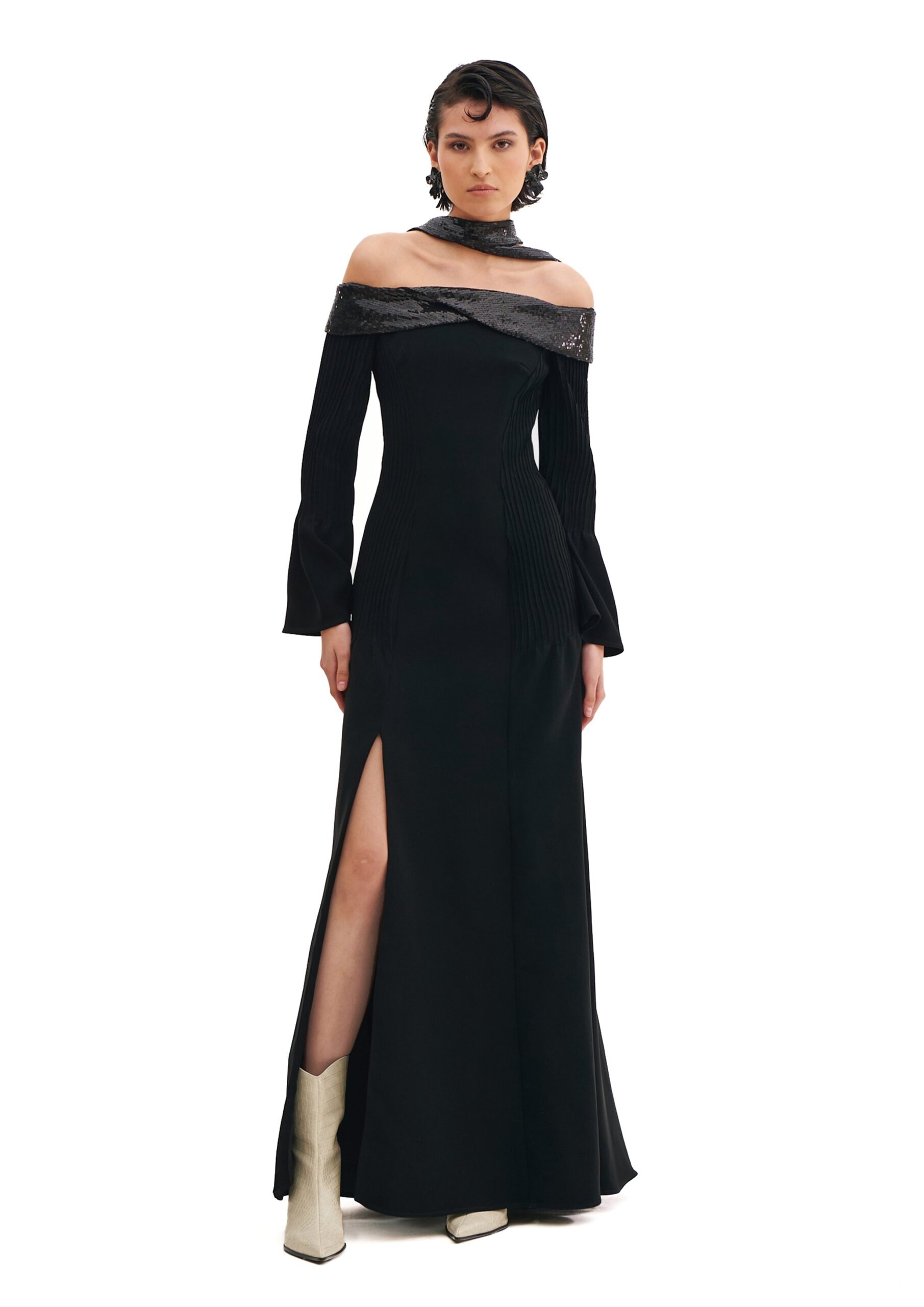 Avaro Figlio Off-Shoulder Maxi Dress With Sequins And Long Sleeves in Black