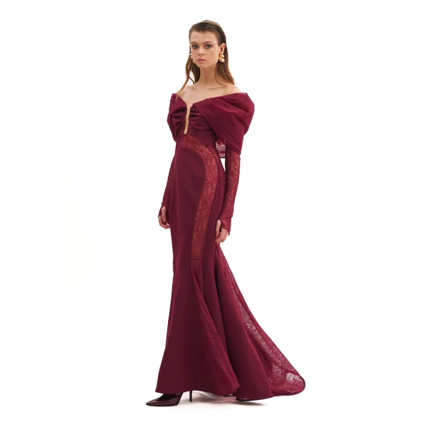 Avaro Figlio Off-Shoulder Mermaid Dress With Lace Inserts And Long Sleeves, view 2