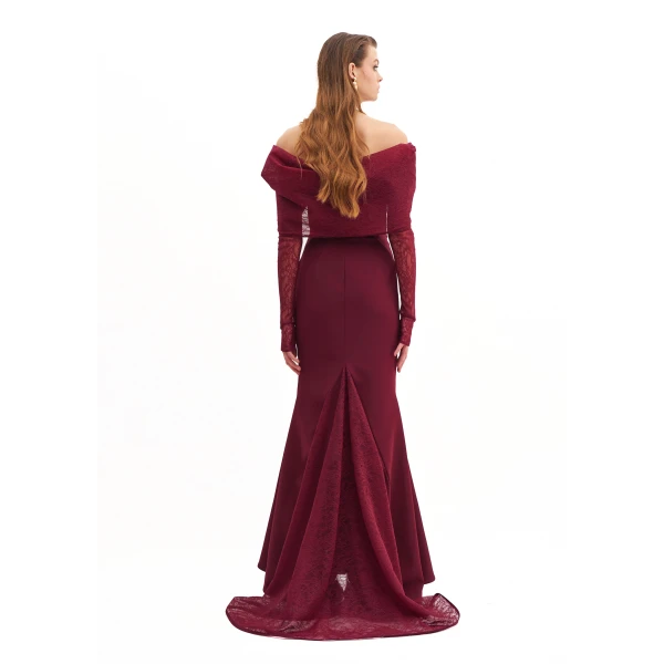 Avaro Figlio Off-Shoulder Mermaid Dress With Lace Inserts And Long Sleeves, view 3