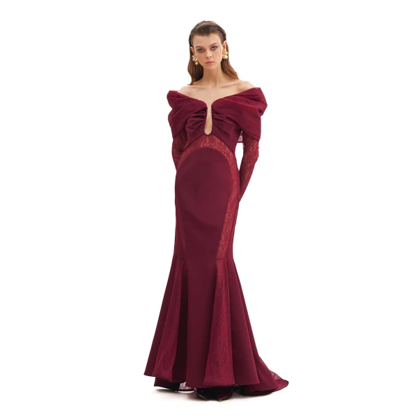 Off-Shoulder Mermaid Dress With Lace Inserts And Long Sleeves