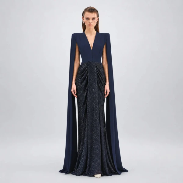 Avaro Figlio Sculpted Plunge Midnight Blue Crystal Maxi Dress with Cascade Sleeves, view 2