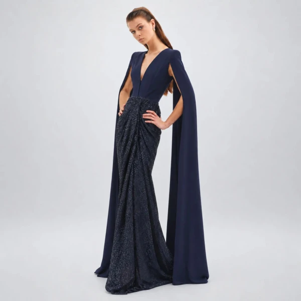 Avaro Figlio Sculpted Plunge Midnight Blue Crystal Maxi Dress with Cascade Sleeves, view 3
