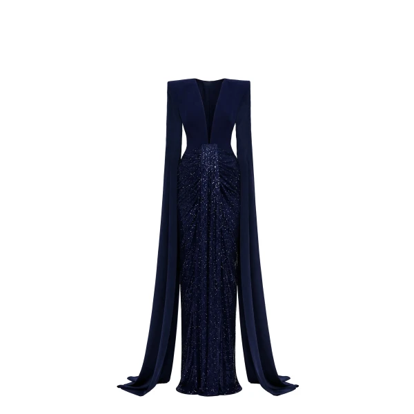 Sculpted Plunge Midnight Blue Crystal Maxi Dress with Cascade Sleeves