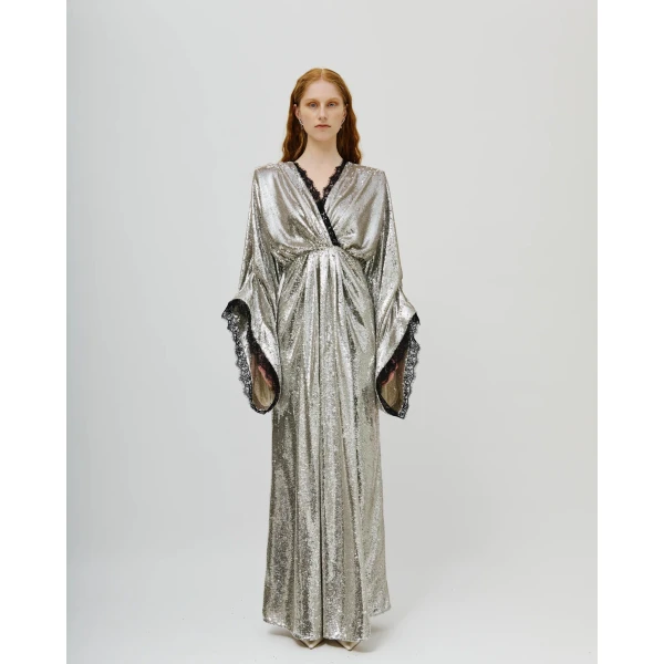 Avaro Figlio Starlight Deep-V Sequin Draped Gown, view 2