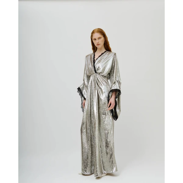 Avaro Figlio Starlight Deep-V Sequin Draped Gown, view 3