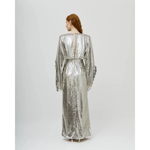 Avaro Figlio Starlight Deep-V Sequin Draped Gown, view 4